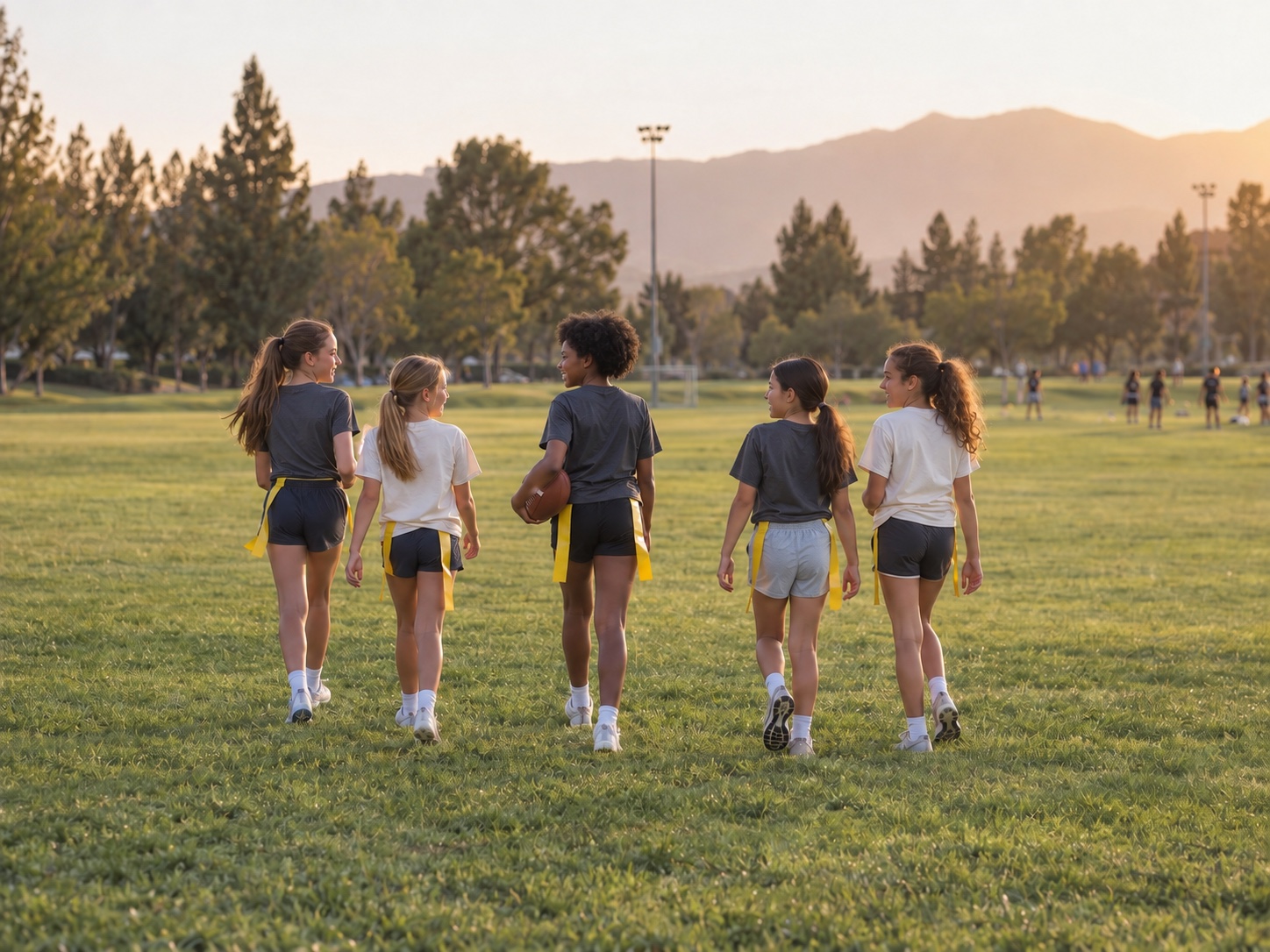 Young flag football players walking together after practice