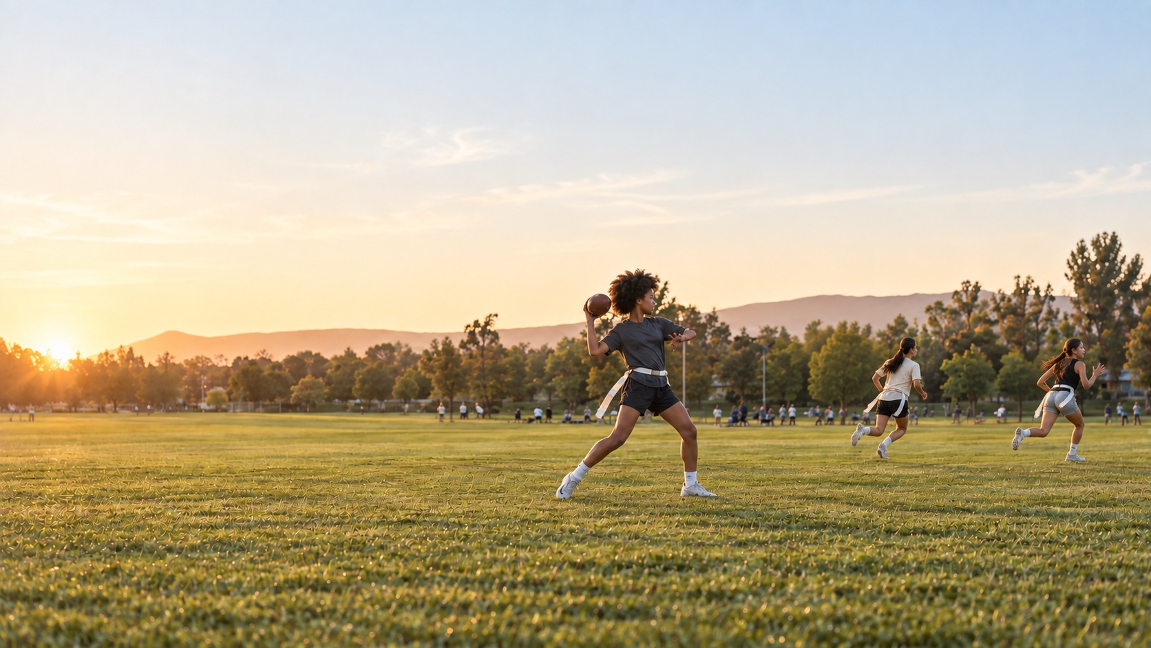 A girl quarterback throwing a football across a sunlit field