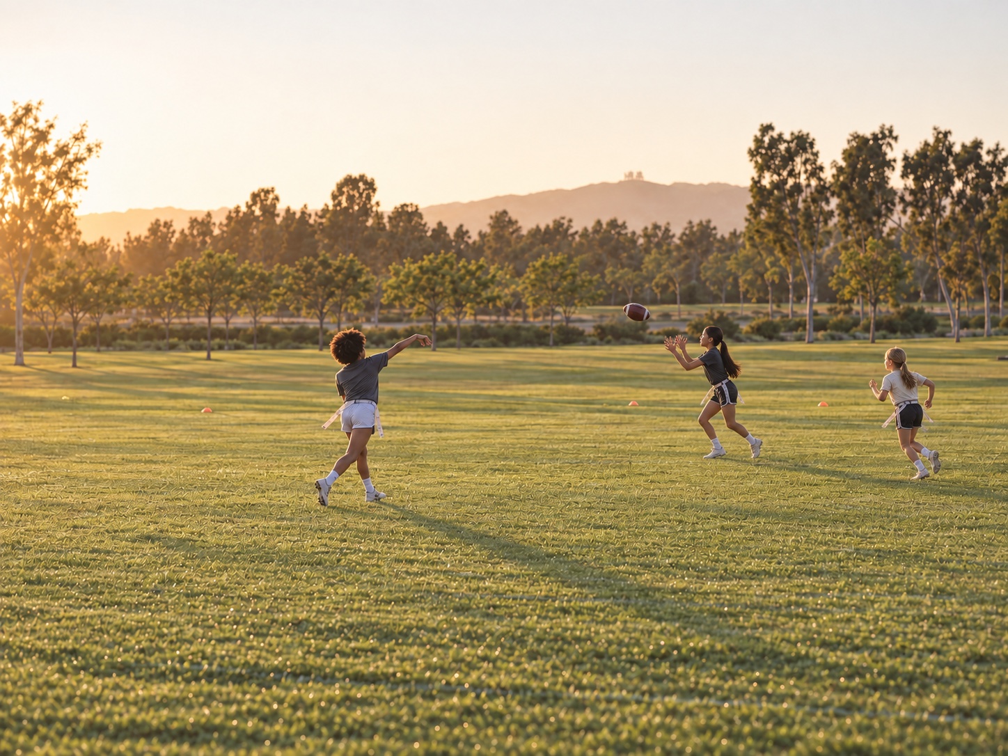 Girls practicing flag football on a green field in Irvine